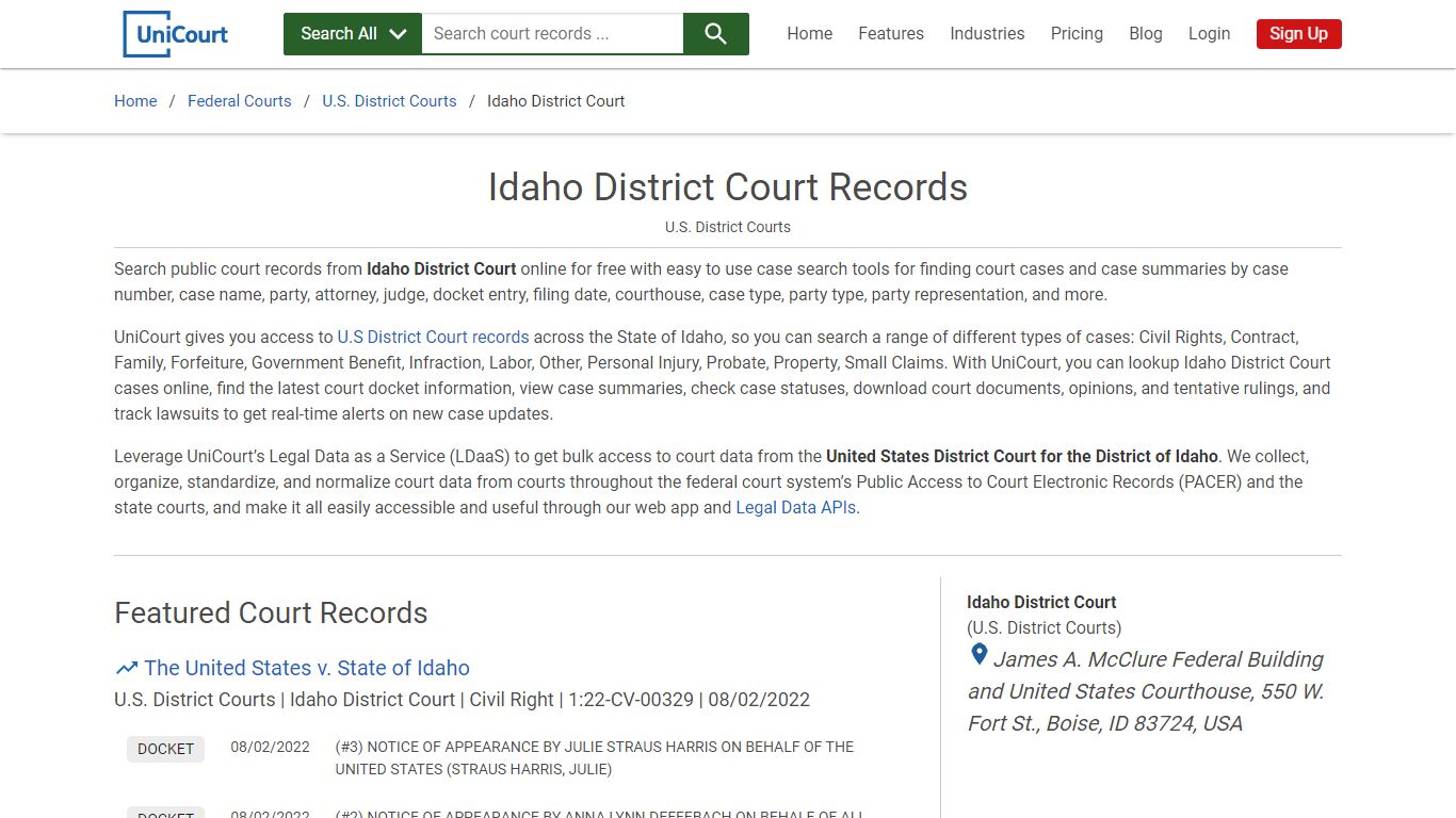 Idaho District Court Records | PACER Case Search | UniCourt